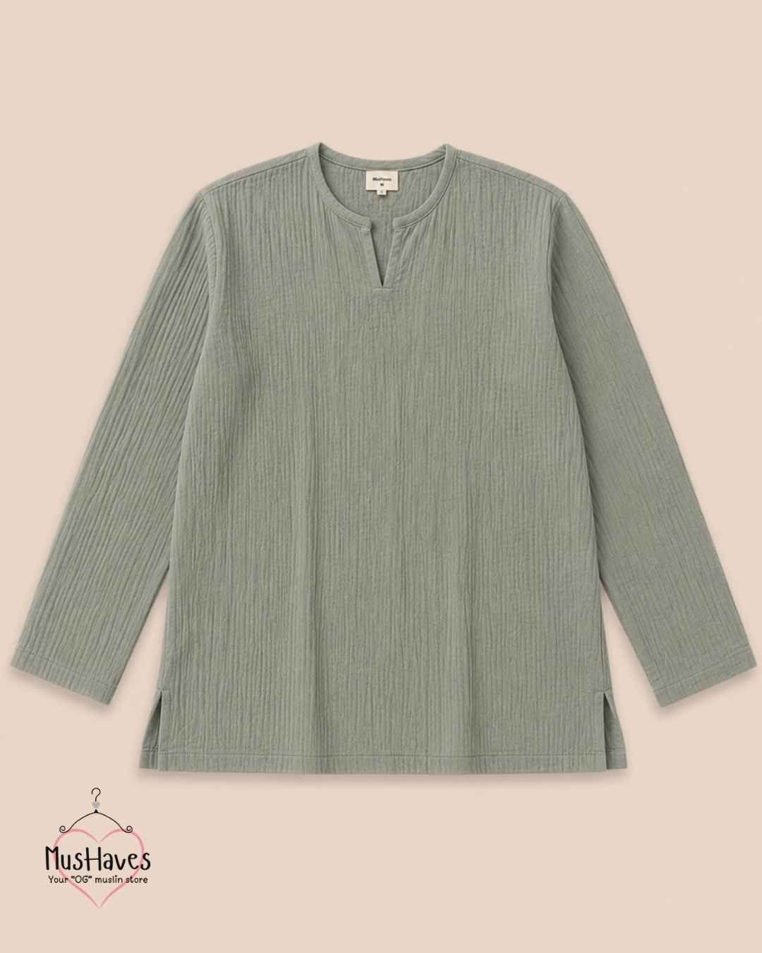 Classic Muslin Notch Neck – Sage Grey
