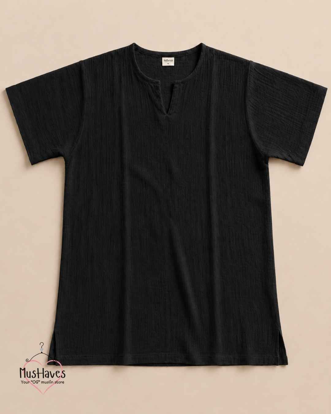 Classic Muslin Notch Neck – Charcoal Black