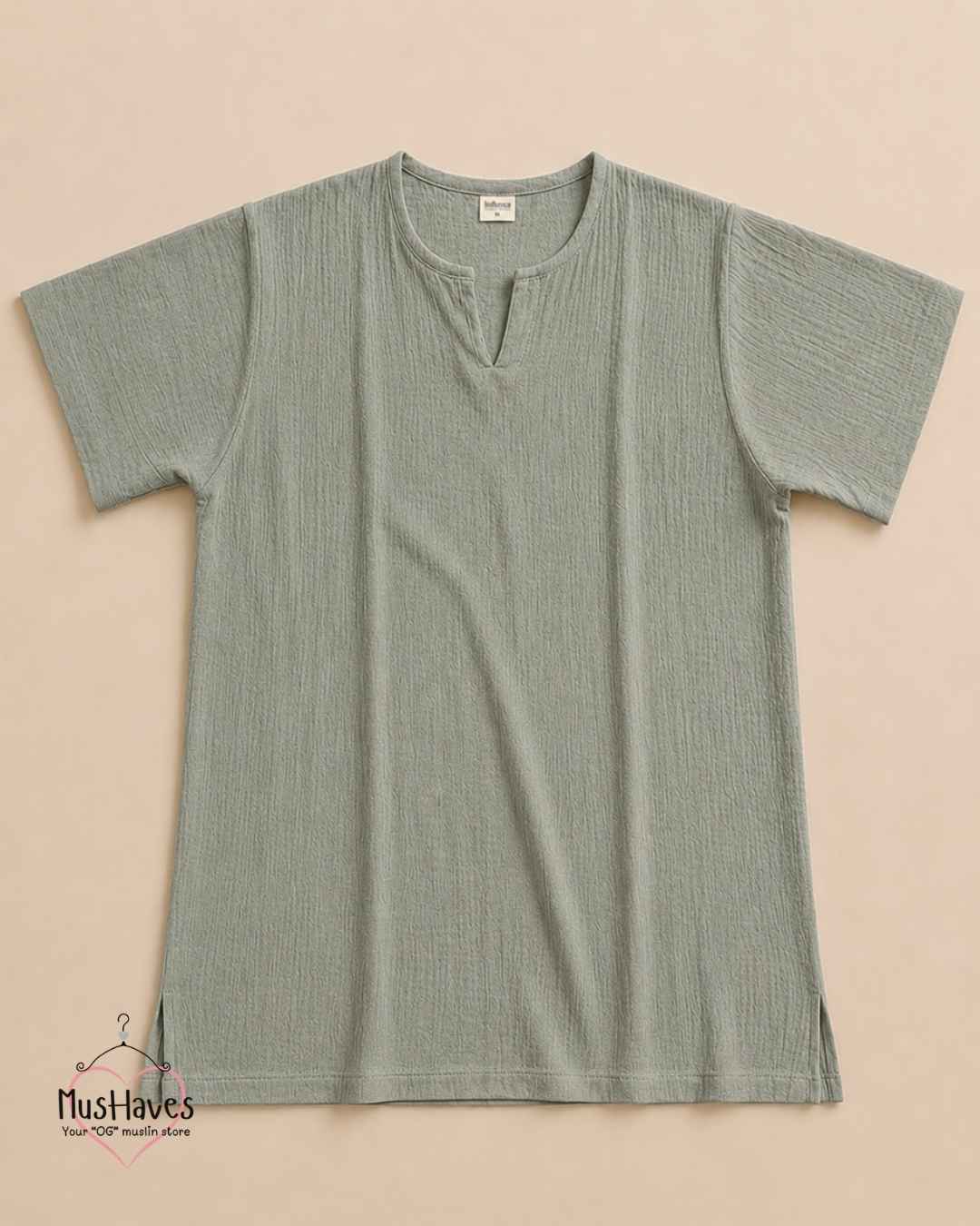 Classic Muslin Notch Neck – Sage Grey