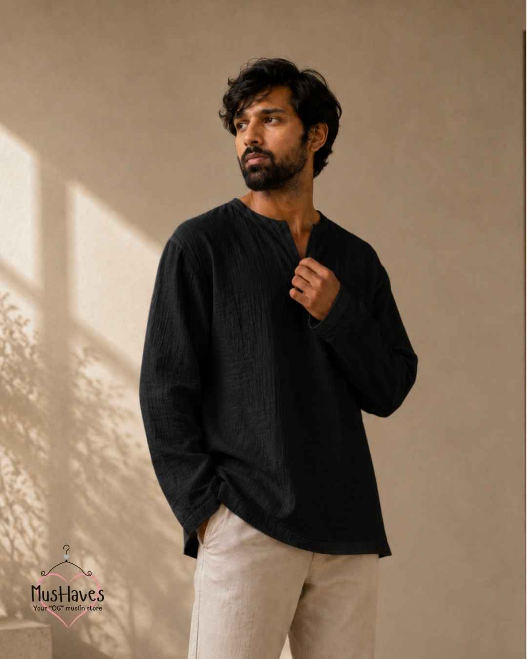 Classic Muslin Notch Neck – Charcoal Black