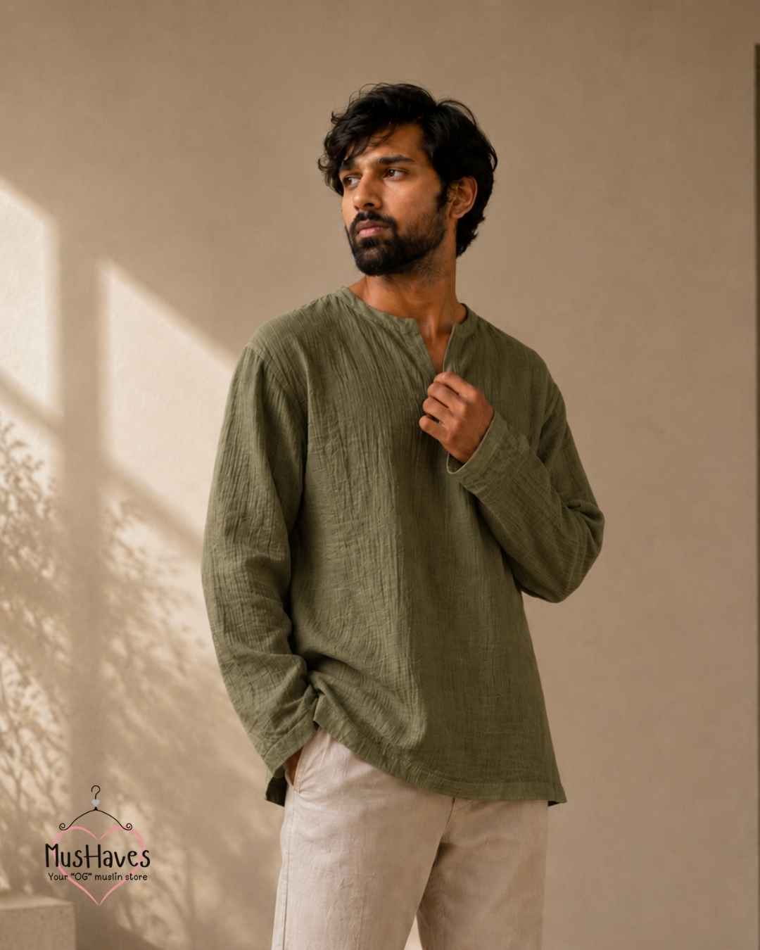 Classic Muslin Notch Neck – Olive Green