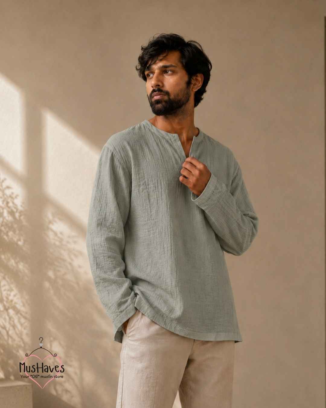 Classic Muslin Notch Neck – Sage Grey