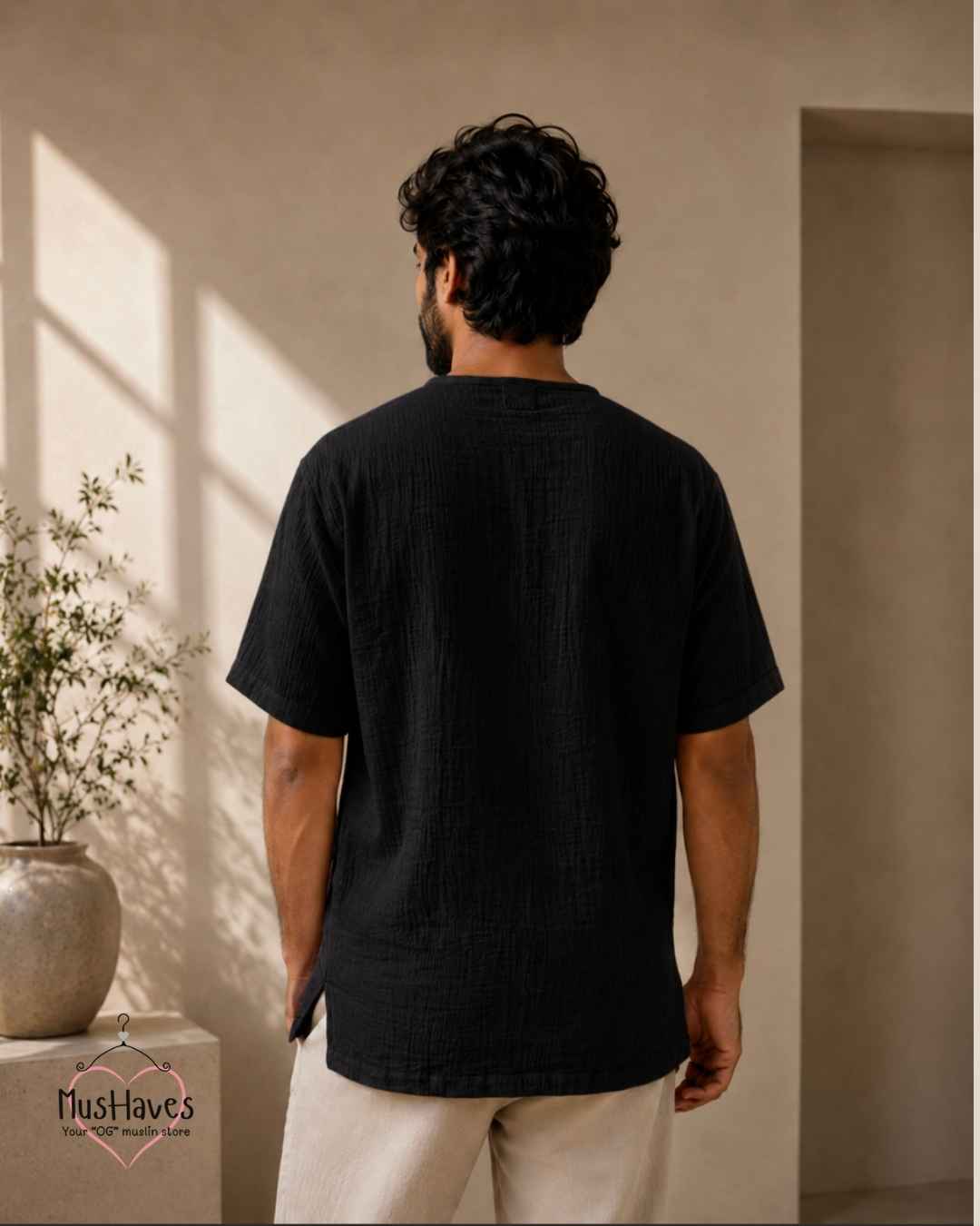 Classic Muslin Notch Neck – Charcoal Black