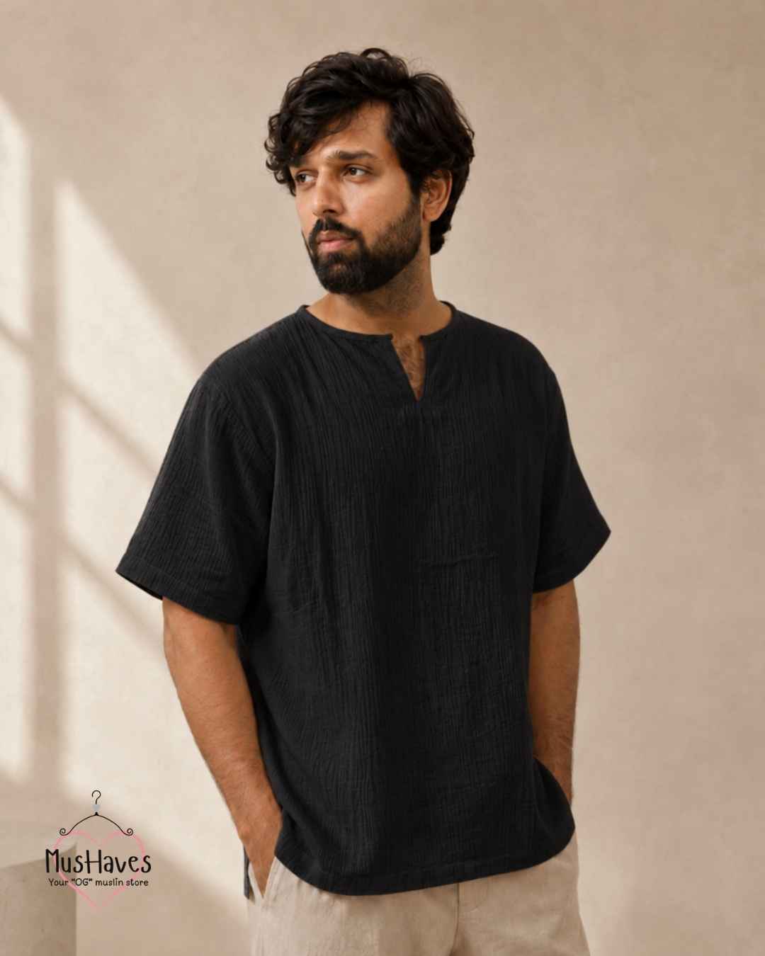 Classic Muslin Notch Neck – Charcoal Black
