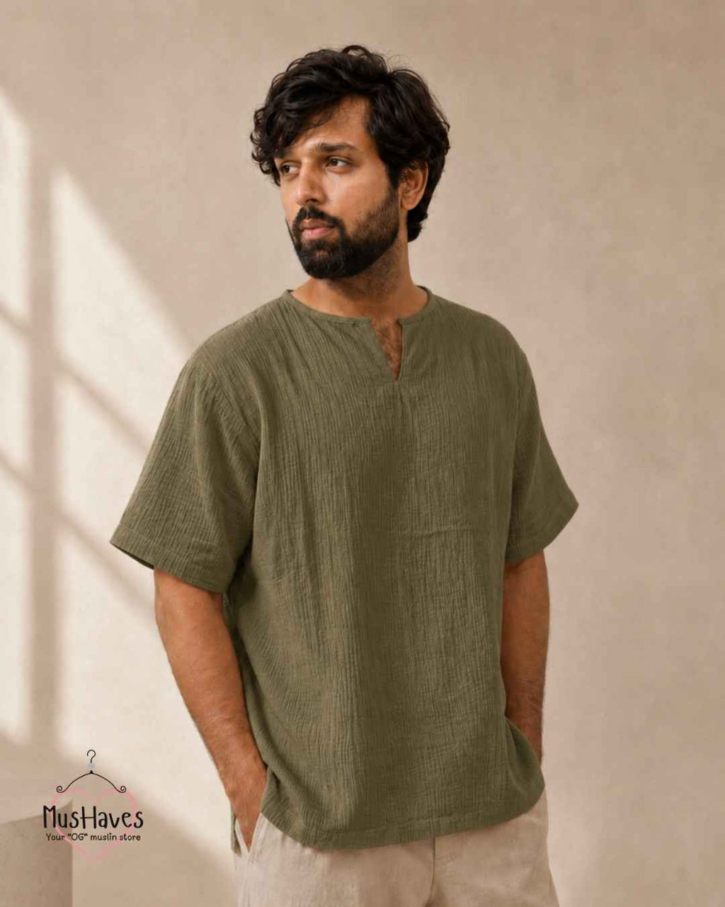 Classic Muslin Notch Neck – Olive Green