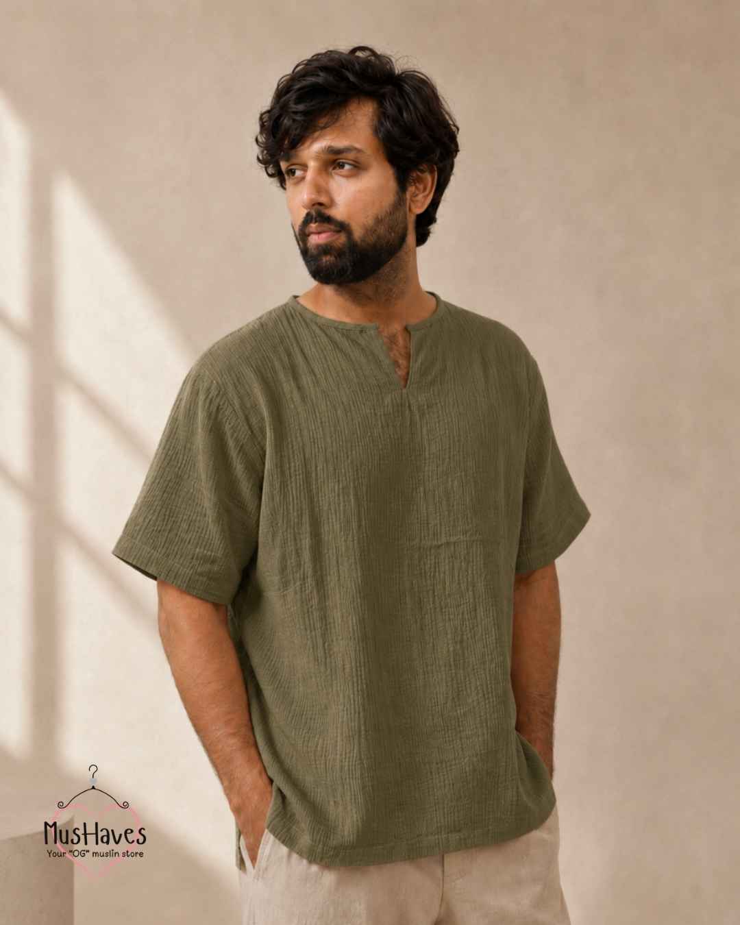 Classic Muslin Notch Neck – Olive Green