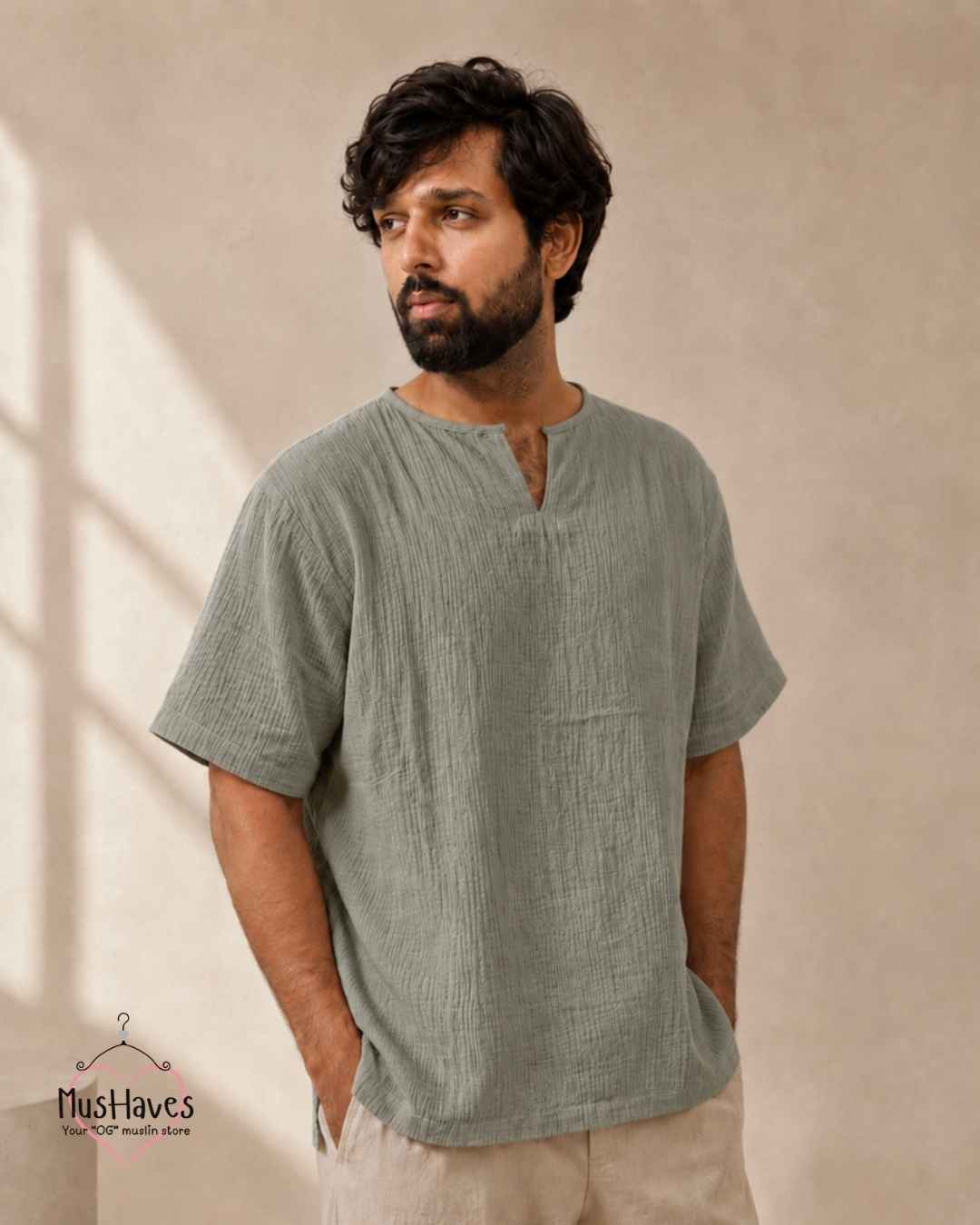 Classic Muslin Notch Neck – Sage Grey