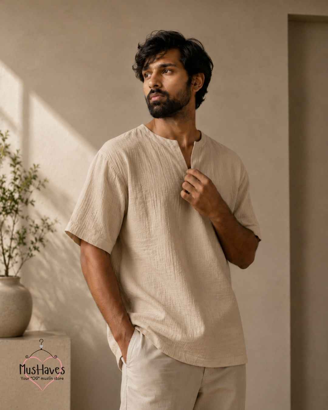 Classic Muslin Notch Neck – Light Beige