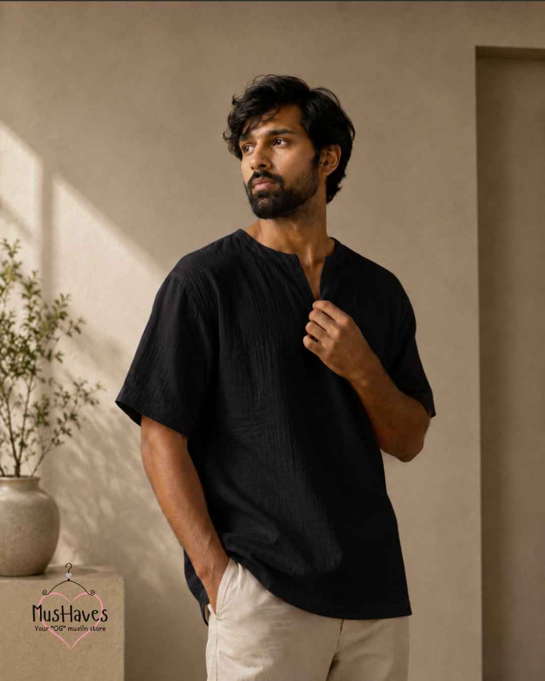 Classic Muslin Notch Neck – Charcoal Black