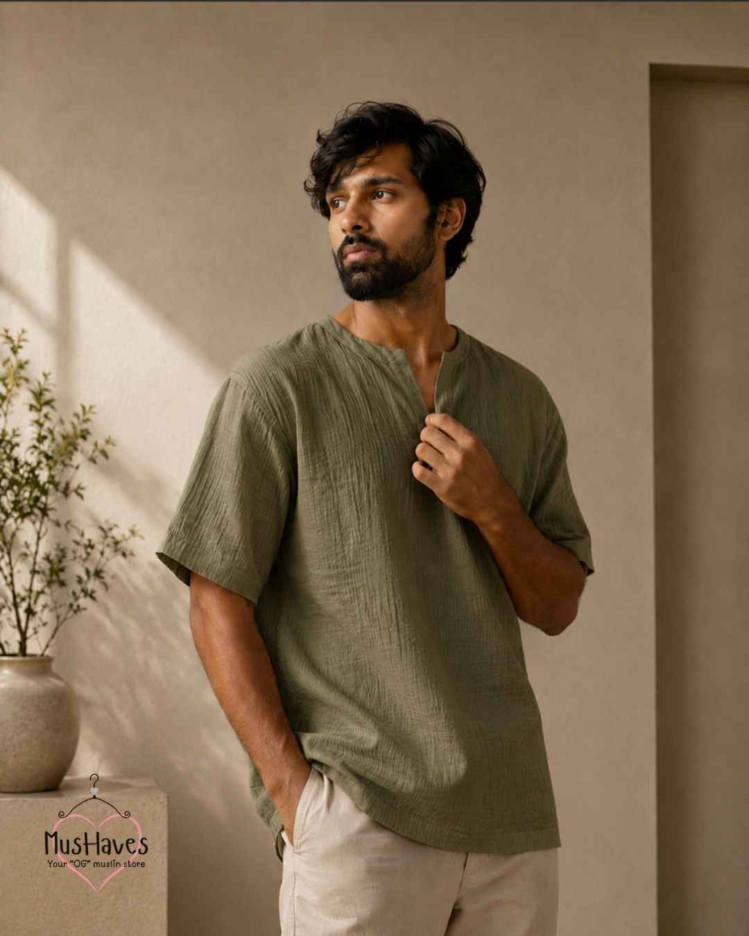 Classic Muslin Notch Neck – Olive Green
