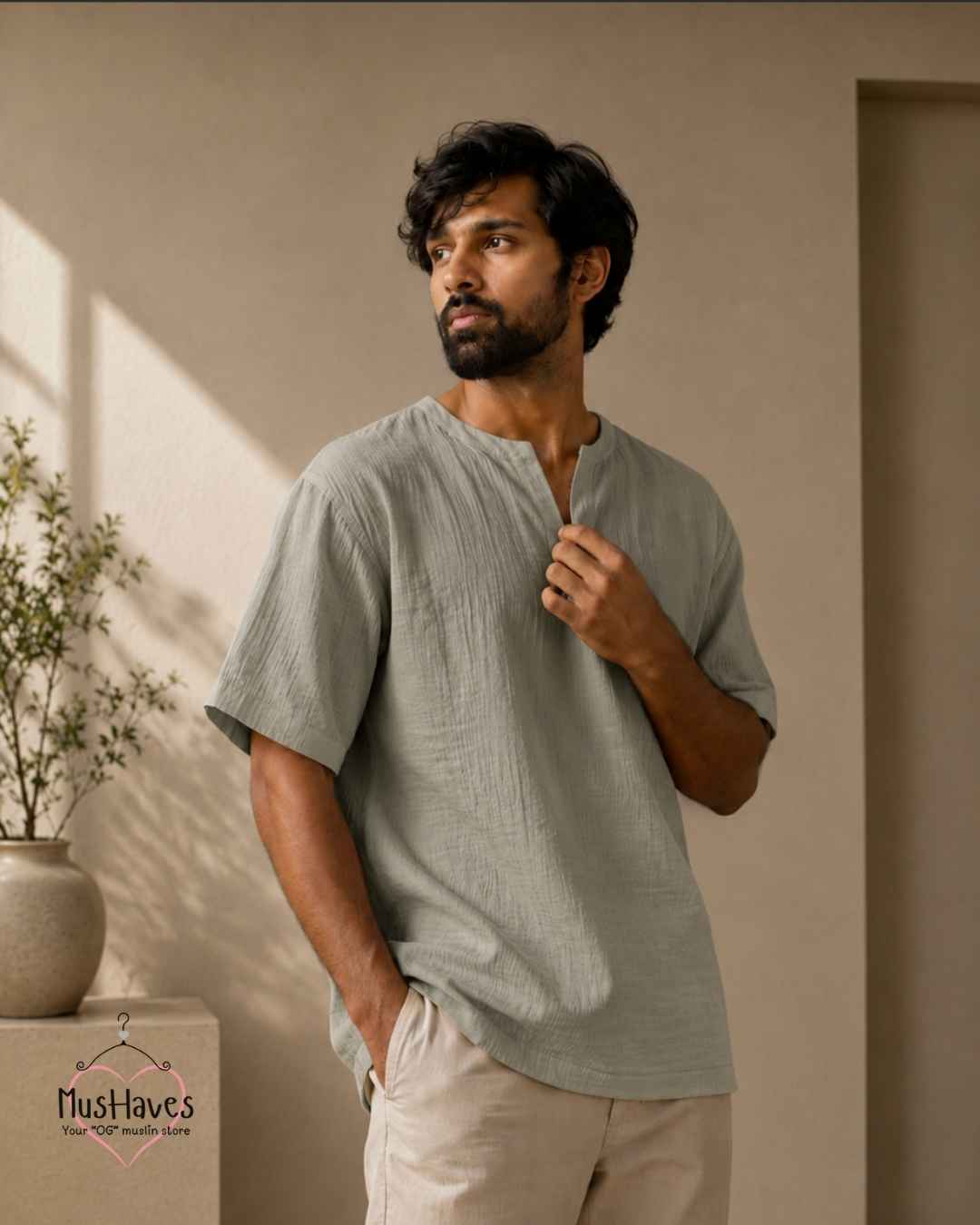 Classic Muslin Notch Neck – Sage Grey
