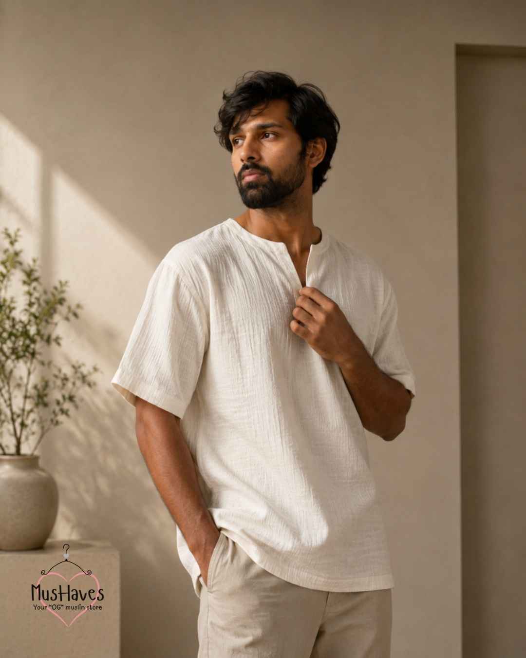 Classic Muslin Notch Neck – Pearl White