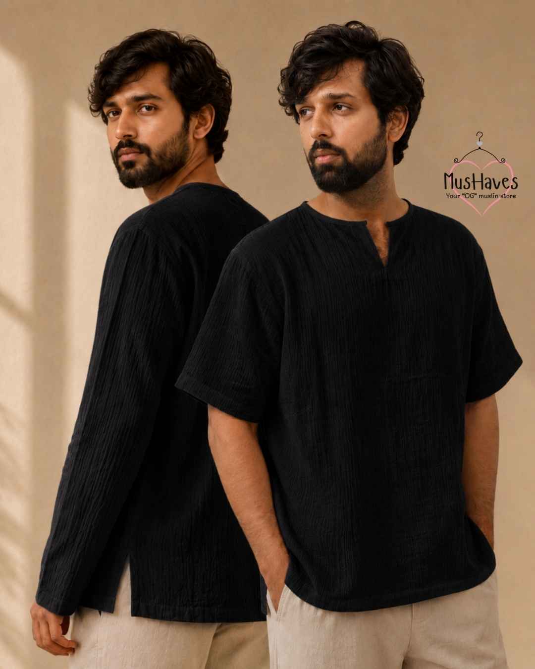 Classic Muslin Notch Neck – Charcoal Black