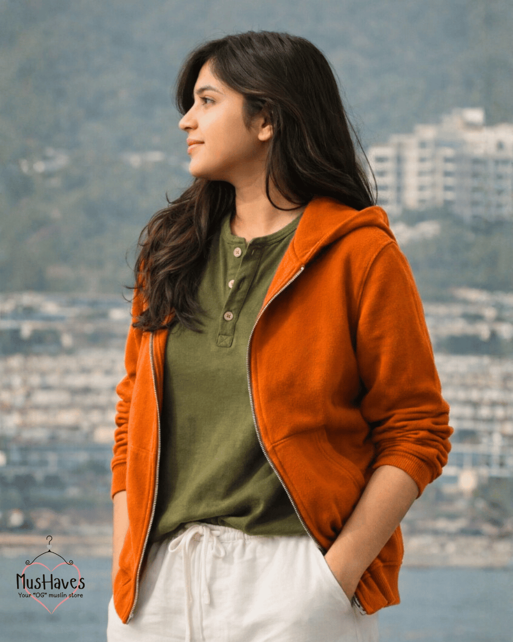Muslin Layered Zip Hoodie – Rust Orange