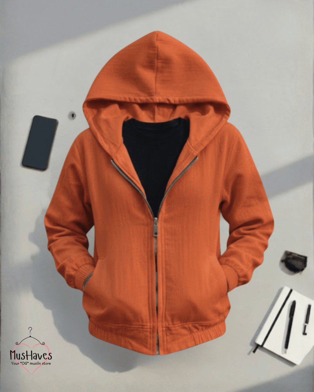 Premium Muslin Hoodie | Unisex | 100% Organic Cotton | Mulmul | Anti Static | Breathable | Skin Friendly | Winter Essential | Rust Orange | Zipper