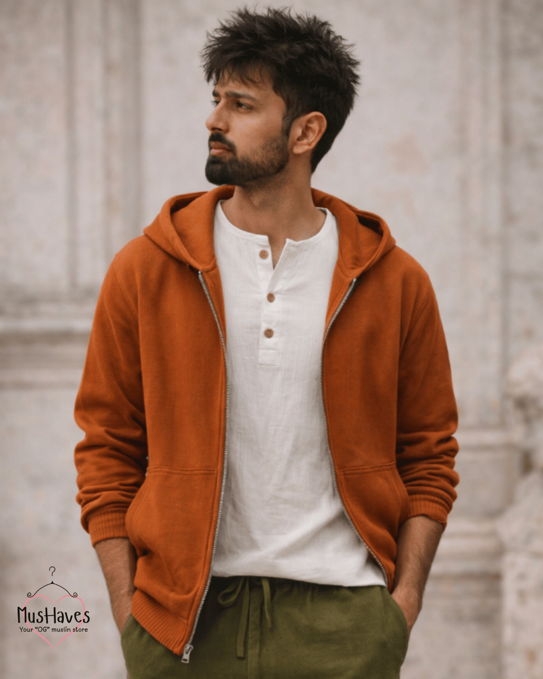 Premium Muslin Hoodie | Unisex | 100% Organic Cotton | Mulmul | Anti Static | Breathable | Skin Friendly | Winter Essential | Rust Orange | Zipper