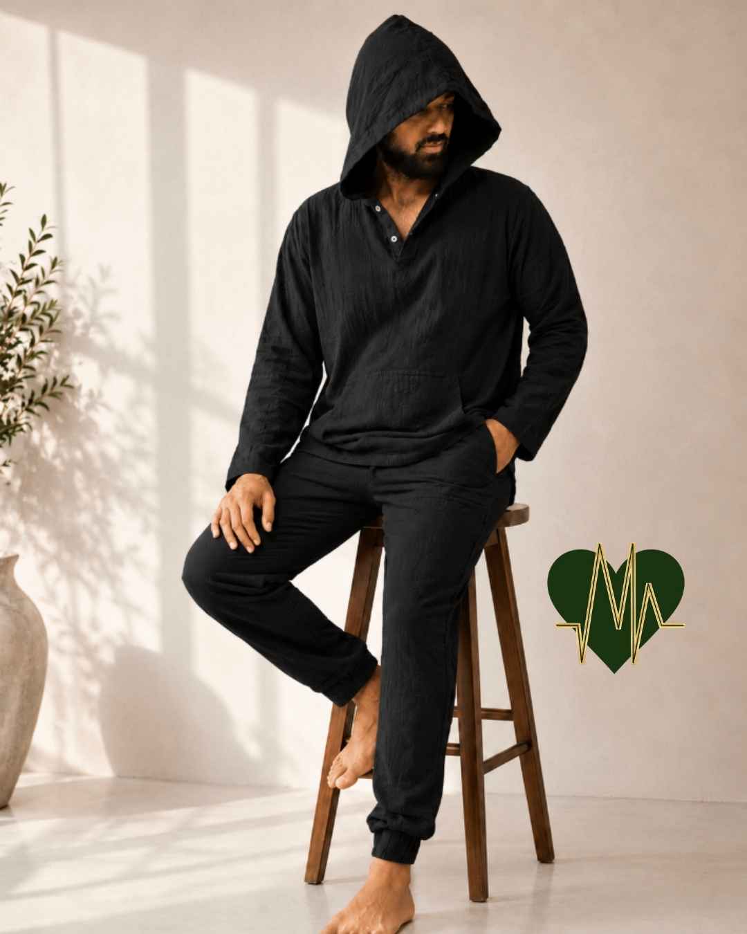 Premium Muslin Hooded Co-ord Set – Charcoal Black