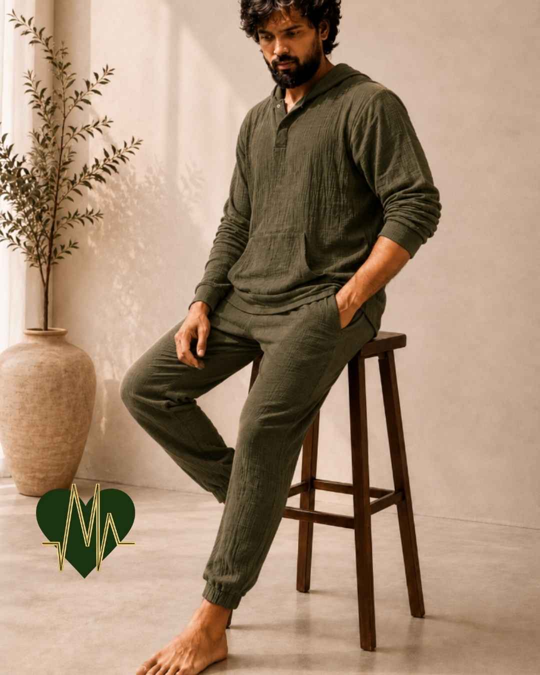 Premium Muslin Hooded Co-ord Set – Olive Green