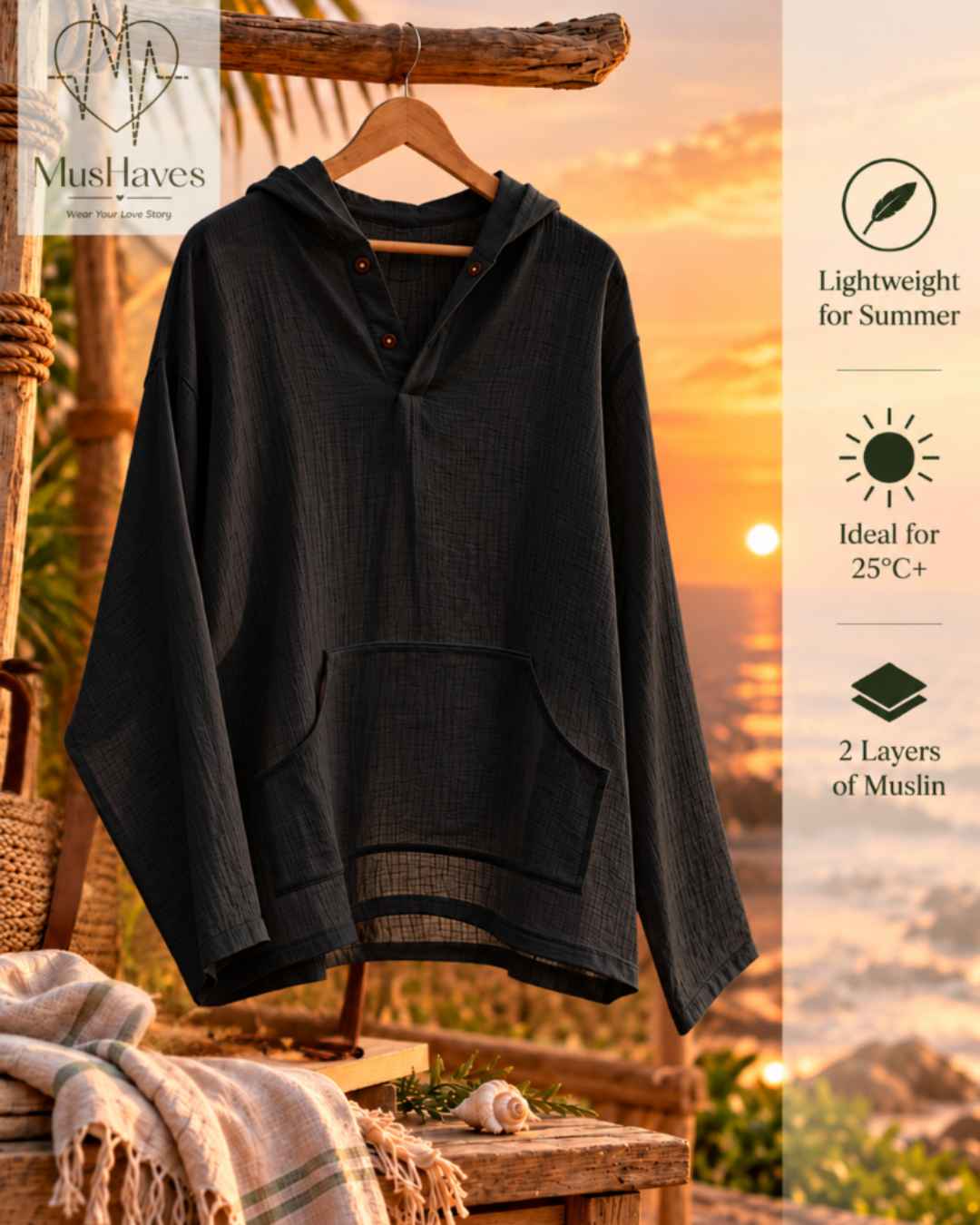 Muslin Layered Pullover Hoodie – Charcoal Black