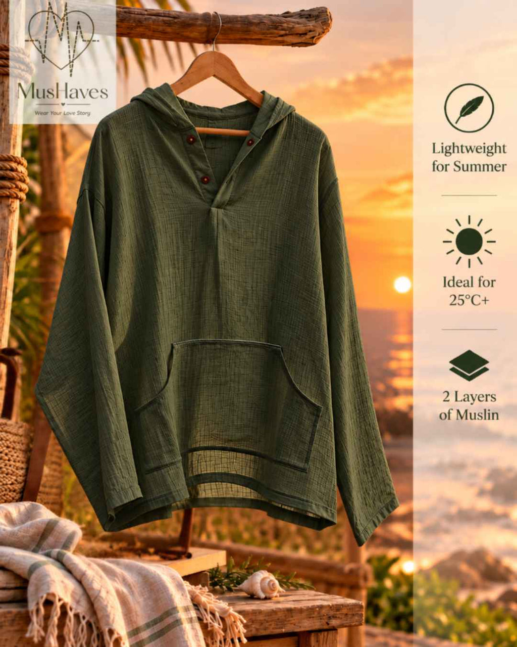 Muslin Layered Pullover Hoodie – Olive Green