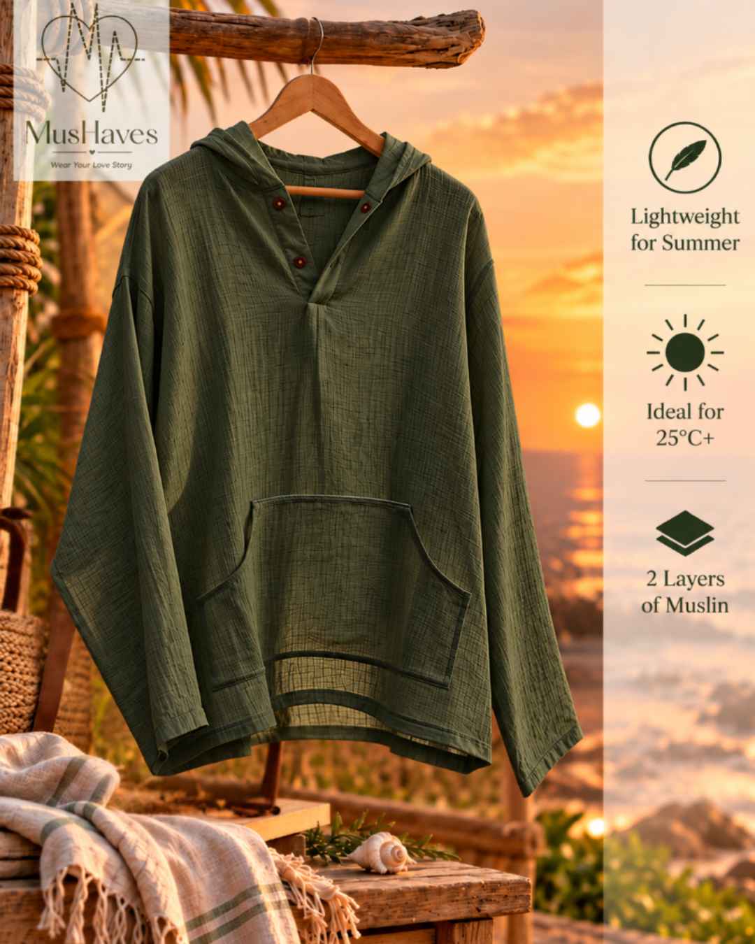 Muslin Layered Pullover Hoodie – Olive Green