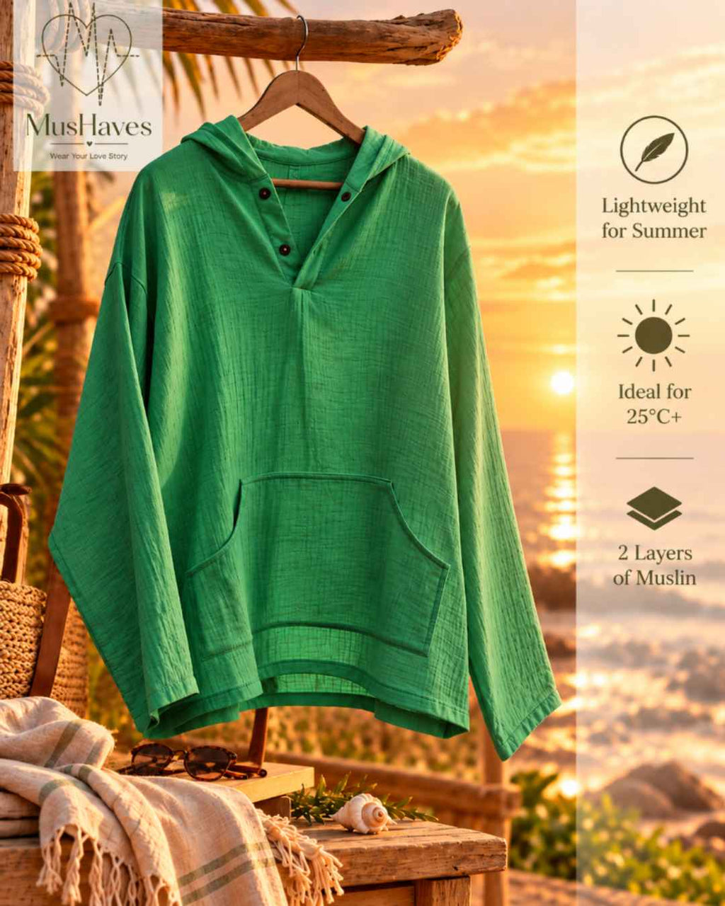 Muslin Layered Pullover Hoodie – Parrot Green