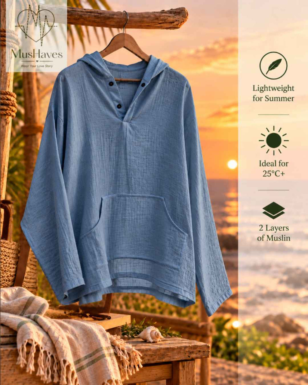 Muslin Layered Pullover Hoodie – Steel Blue