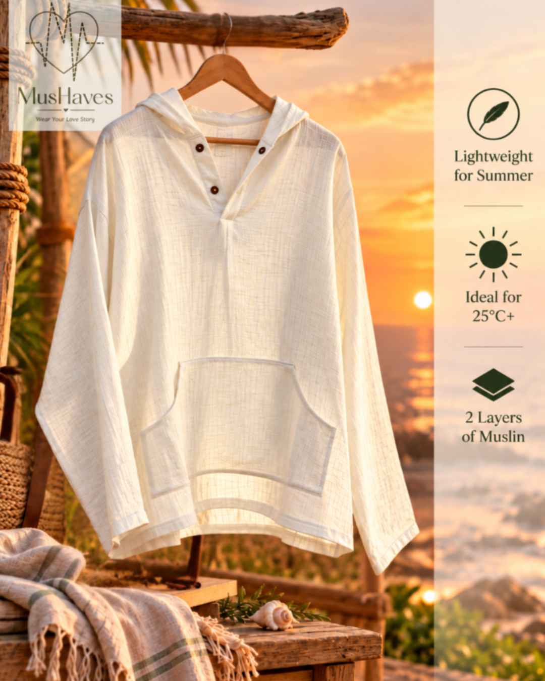 Muslin Layered Pullover Hoodie – Pearl White