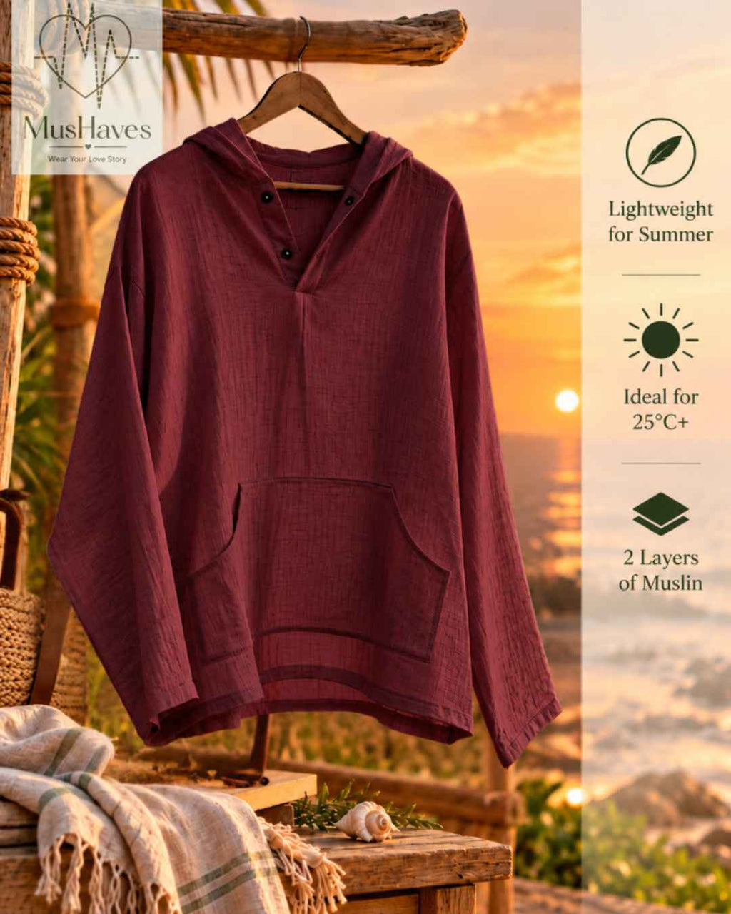 Muslin Layered Pullover Hoodie – Wine Maroon