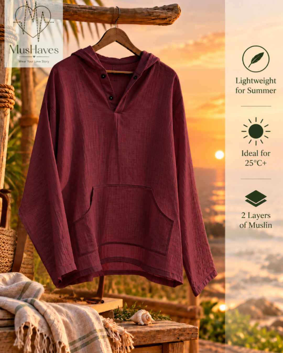 Muslin Layered Pullover Hoodie – Wine Maroon
