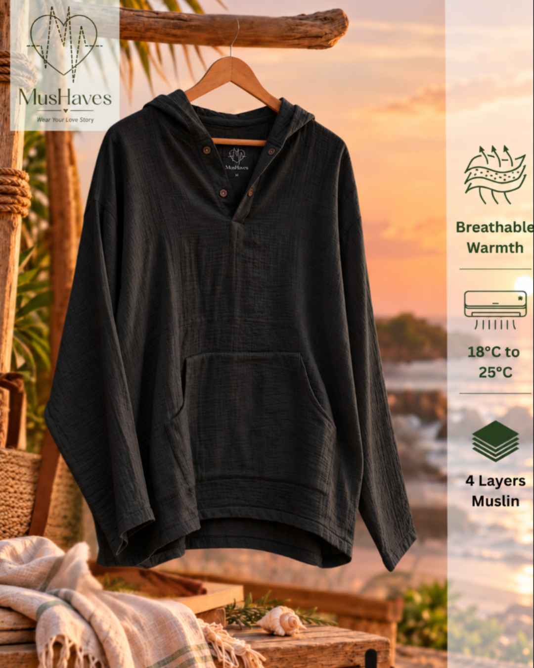 Muslin Layered Pullover Hoodie – Charcoal Black