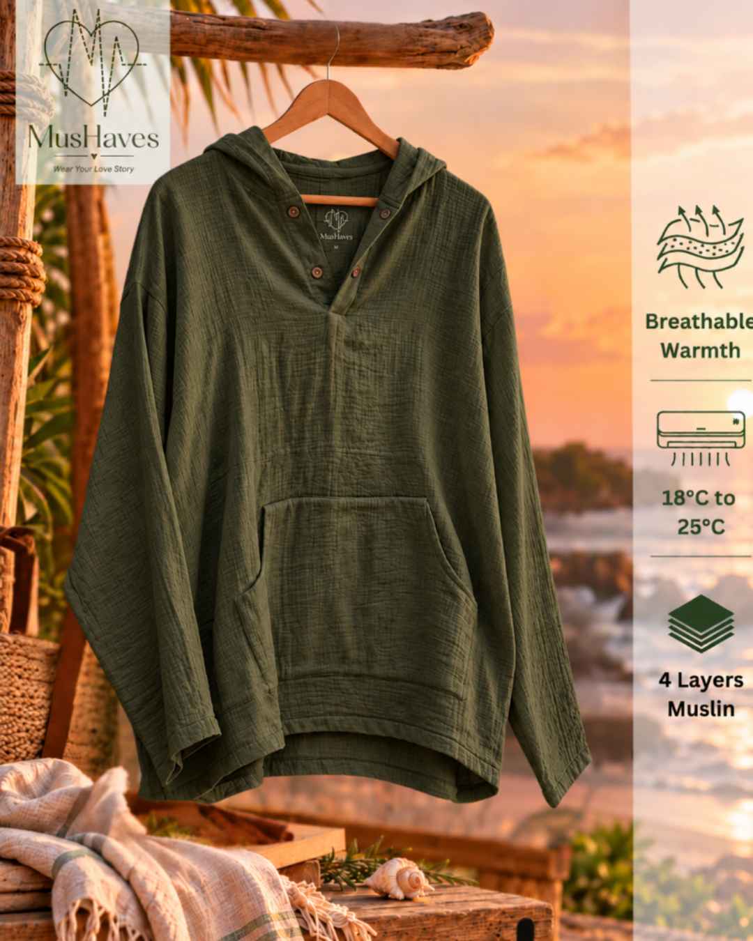 Muslin Layered Pullover Hoodie – Olive Green