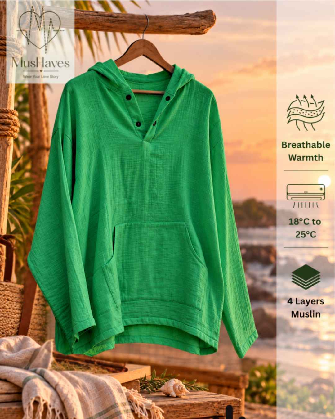 Muslin Layered Pullover Hoodie – Parrot Green