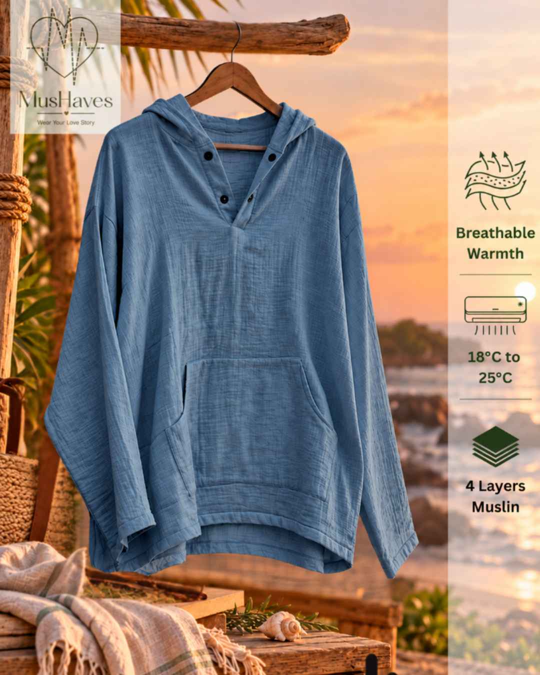 Muslin Layered Pullover Hoodie – Steel Blue