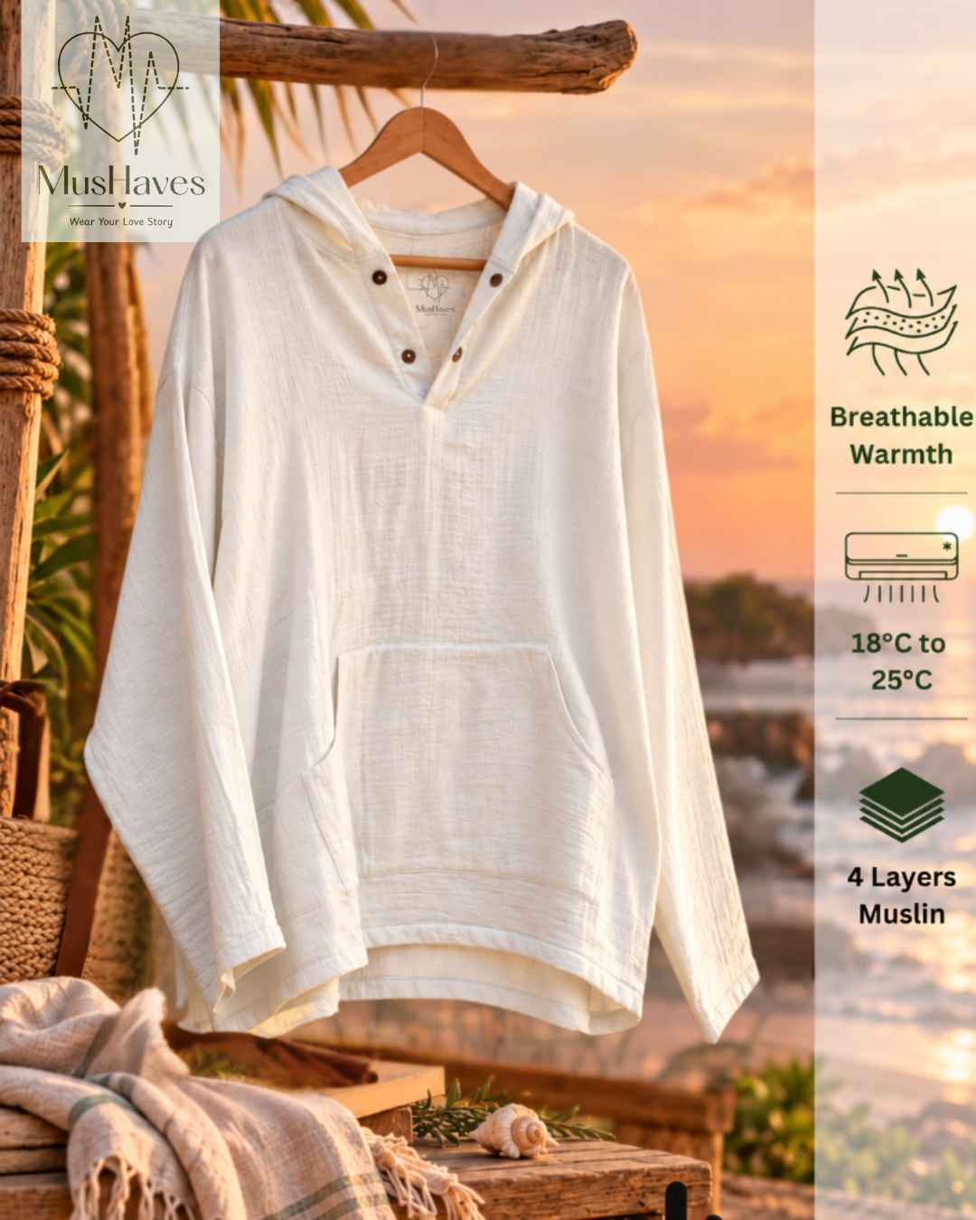 Muslin Layered Pullover Hoodie – Pearl White
