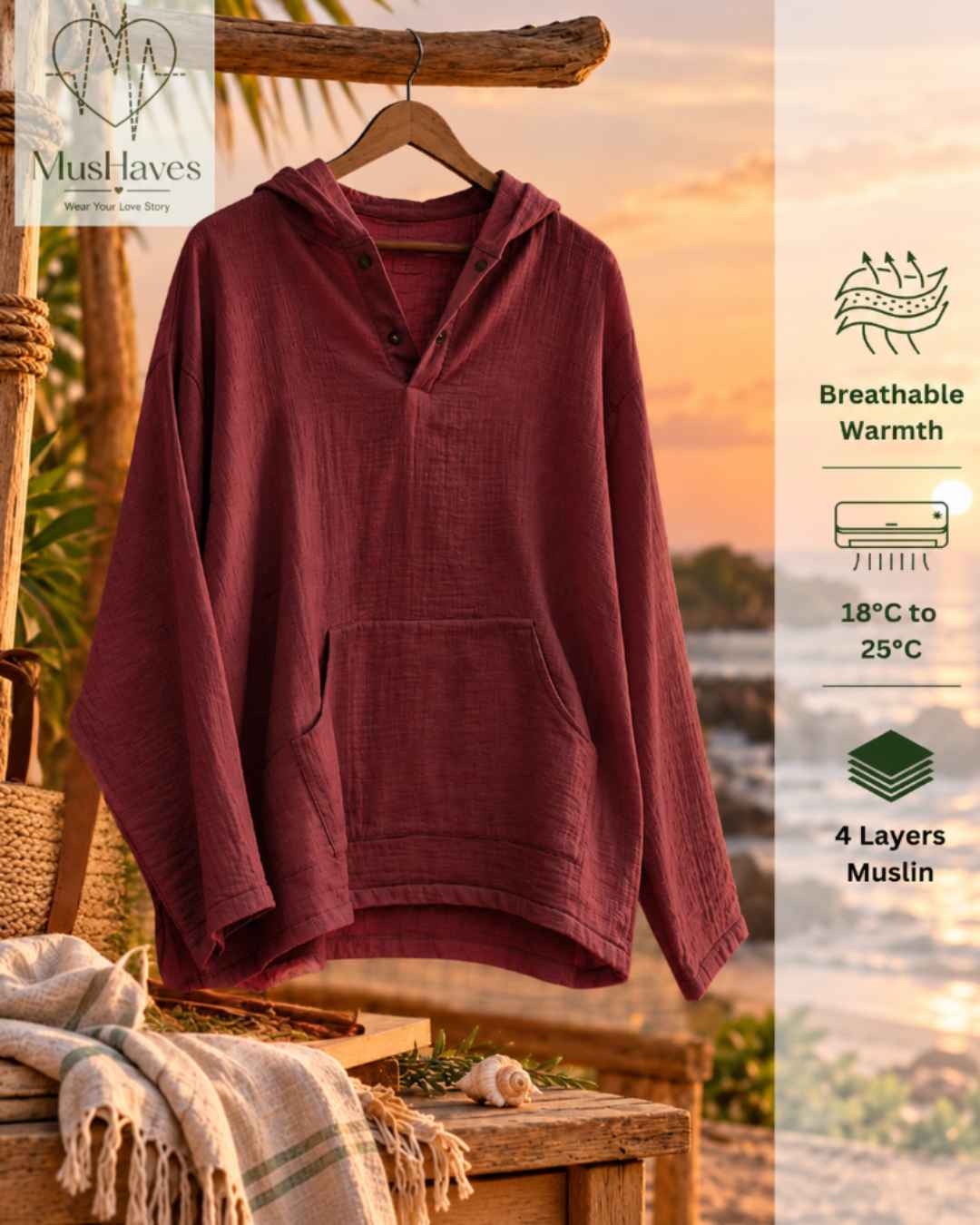 Muslin Layered Pullover Hoodie – Wine Maroon