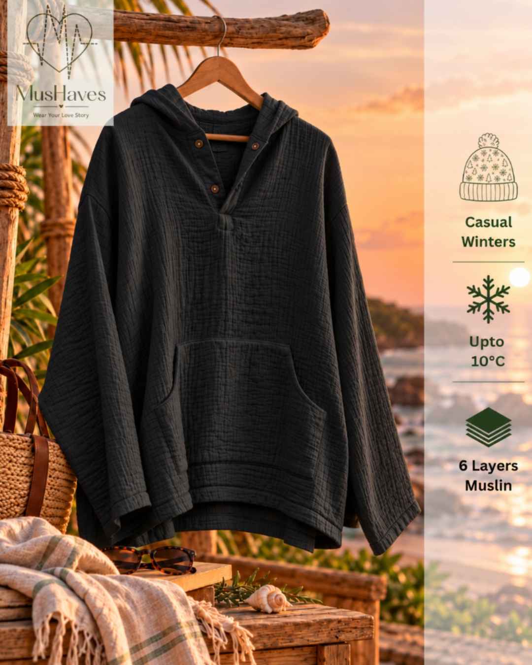 Muslin Layered Pullover Hoodie – Charcoal Black