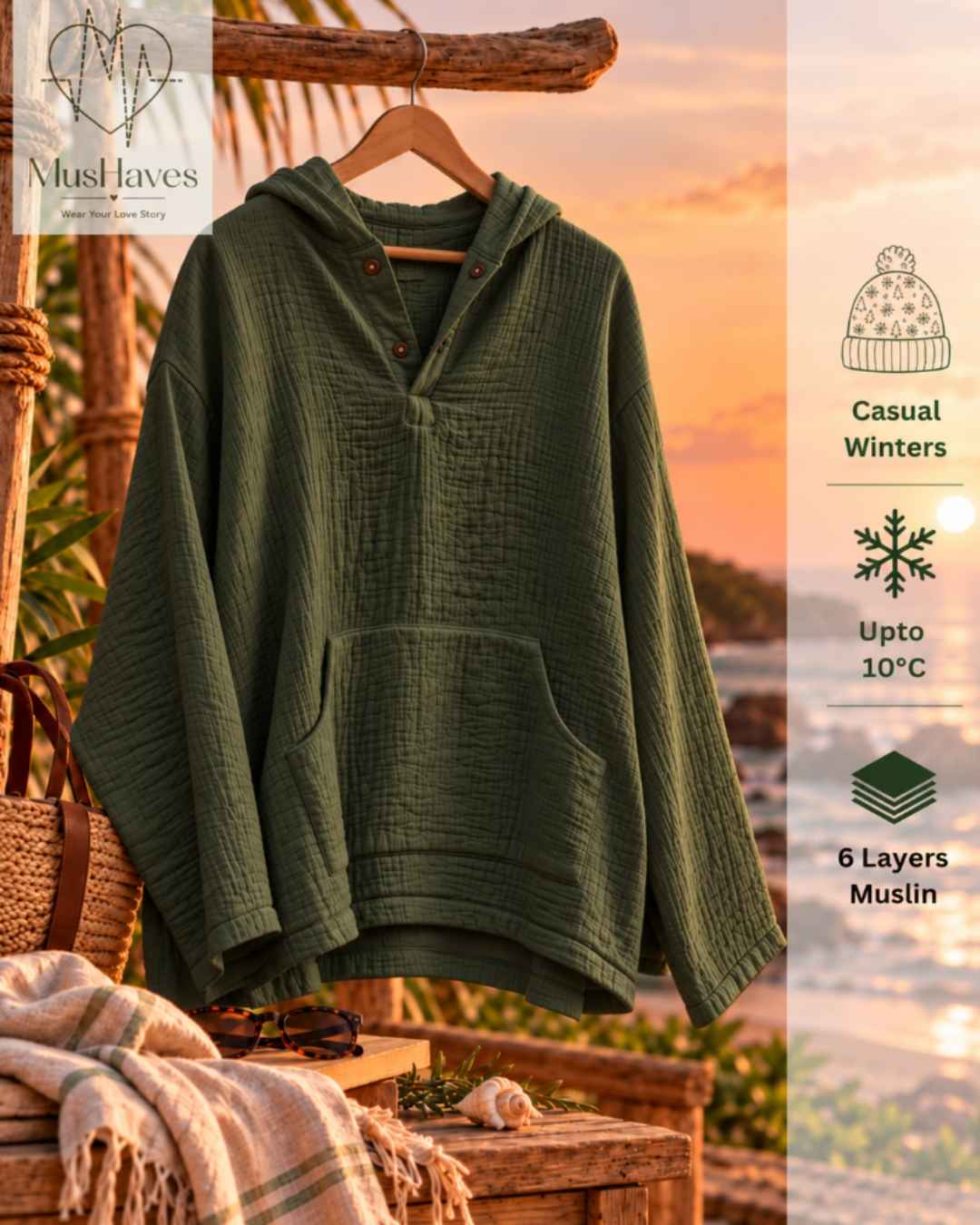 Muslin Layered Pullover Hoodie – Olive Green