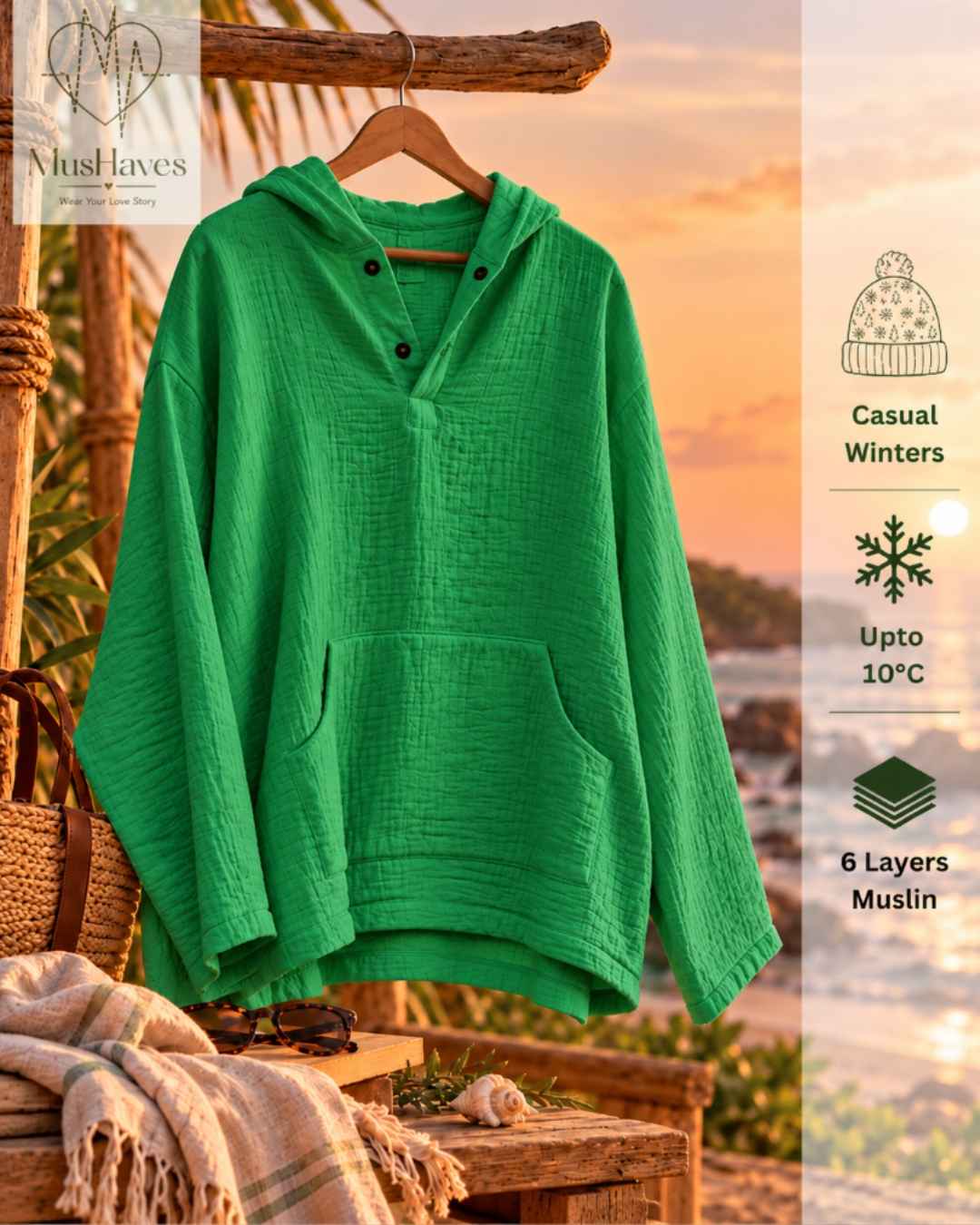 Muslin Layered Pullover Hoodie – Parrot Green