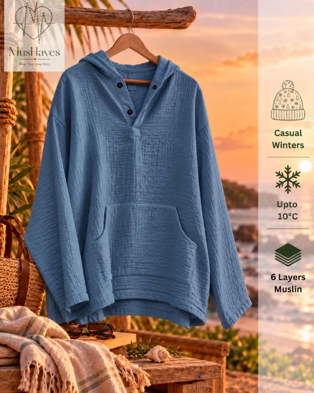 Muslin Layered Pullover Hoodie – Steel Blue