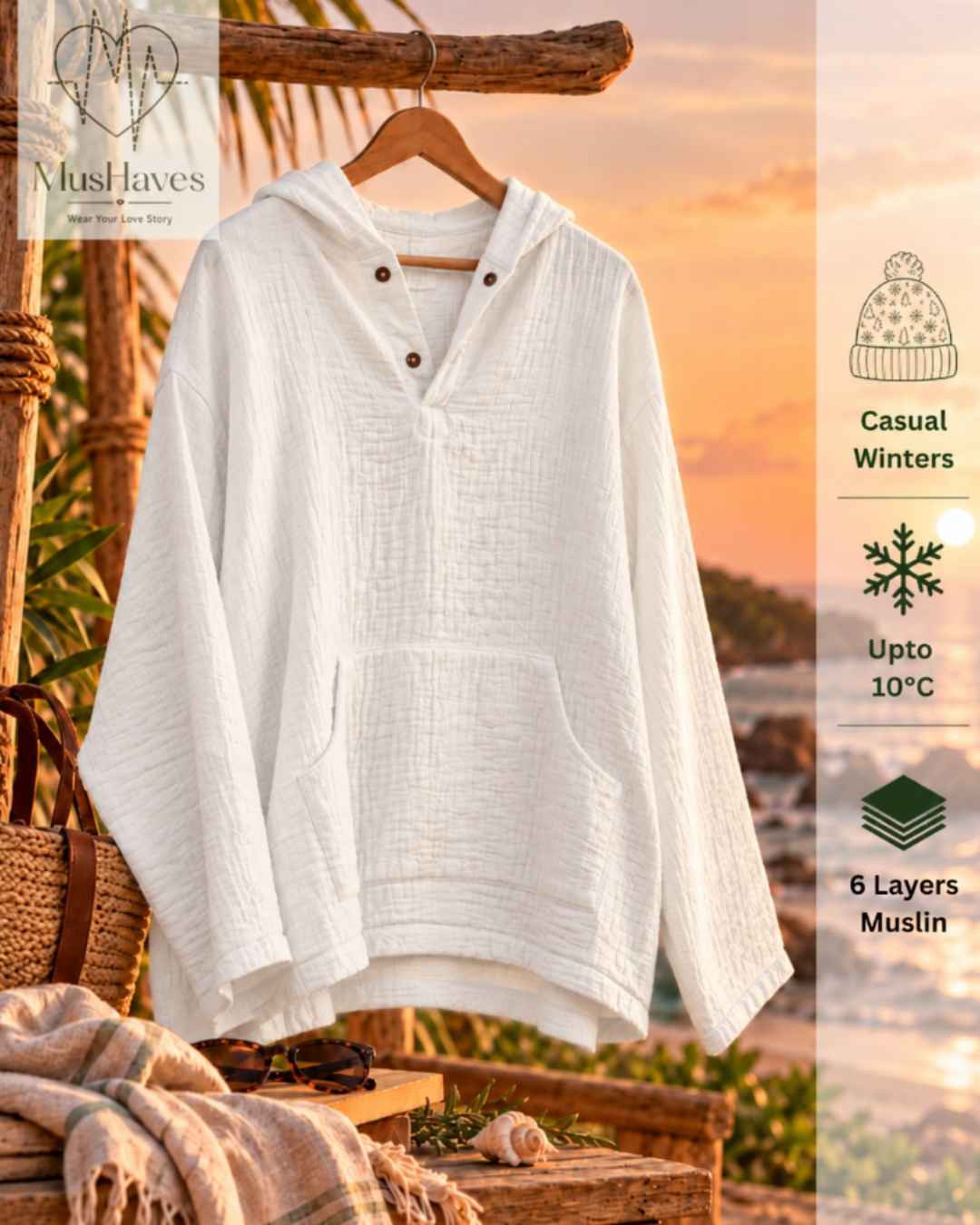 Muslin Layered Pullover Hoodie – Pearl White