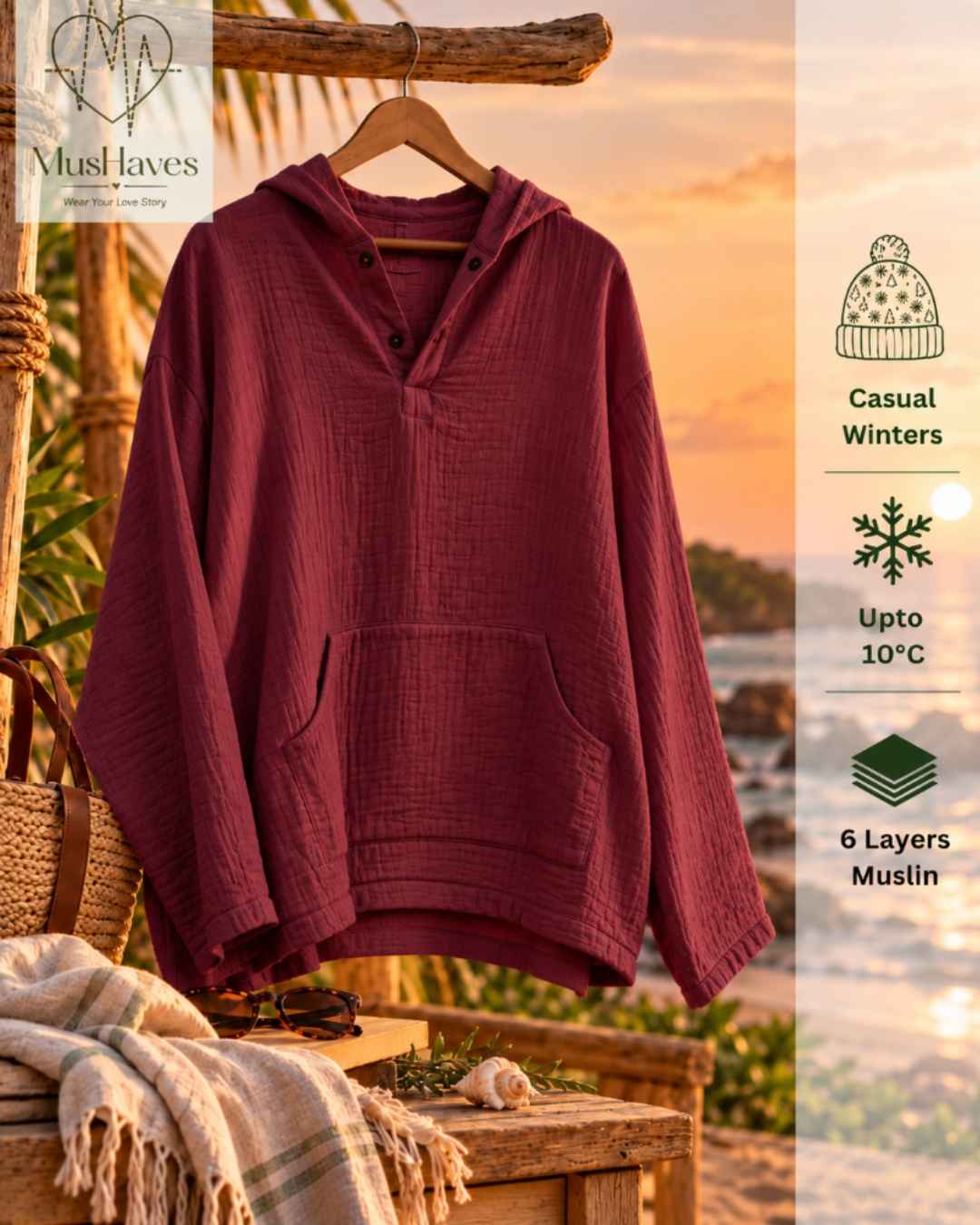 Muslin Layered Pullover Hoodie – Wine Maroon