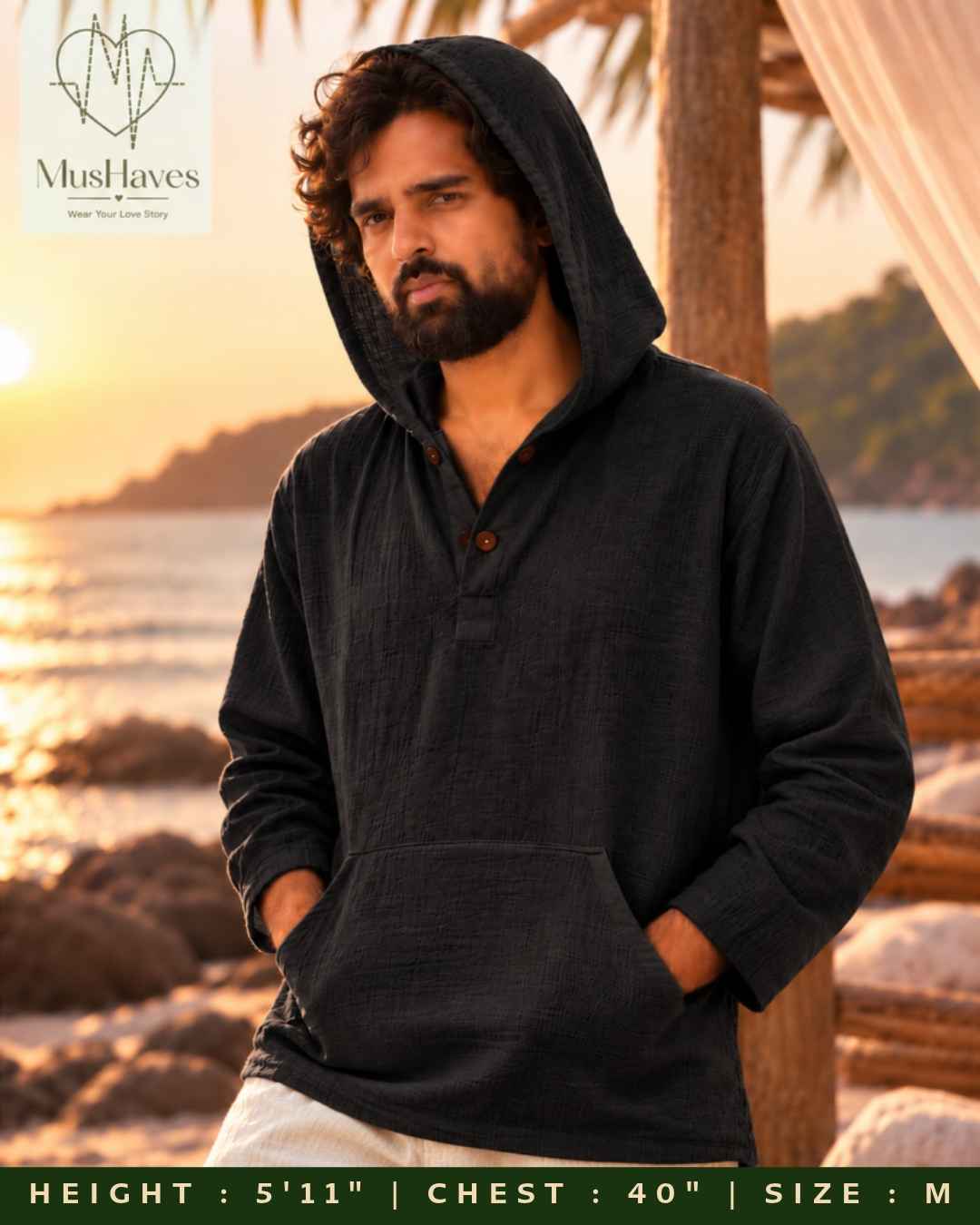 Muslin Layered Pullover Hoodie – Charcoal Black