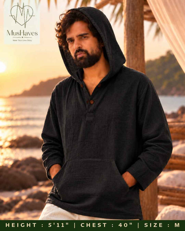 Muslin Layered Pullover Hoodie – Charcoal Black