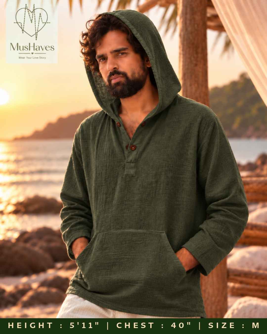 Muslin Layered Pullover Hoodie – Olive Green