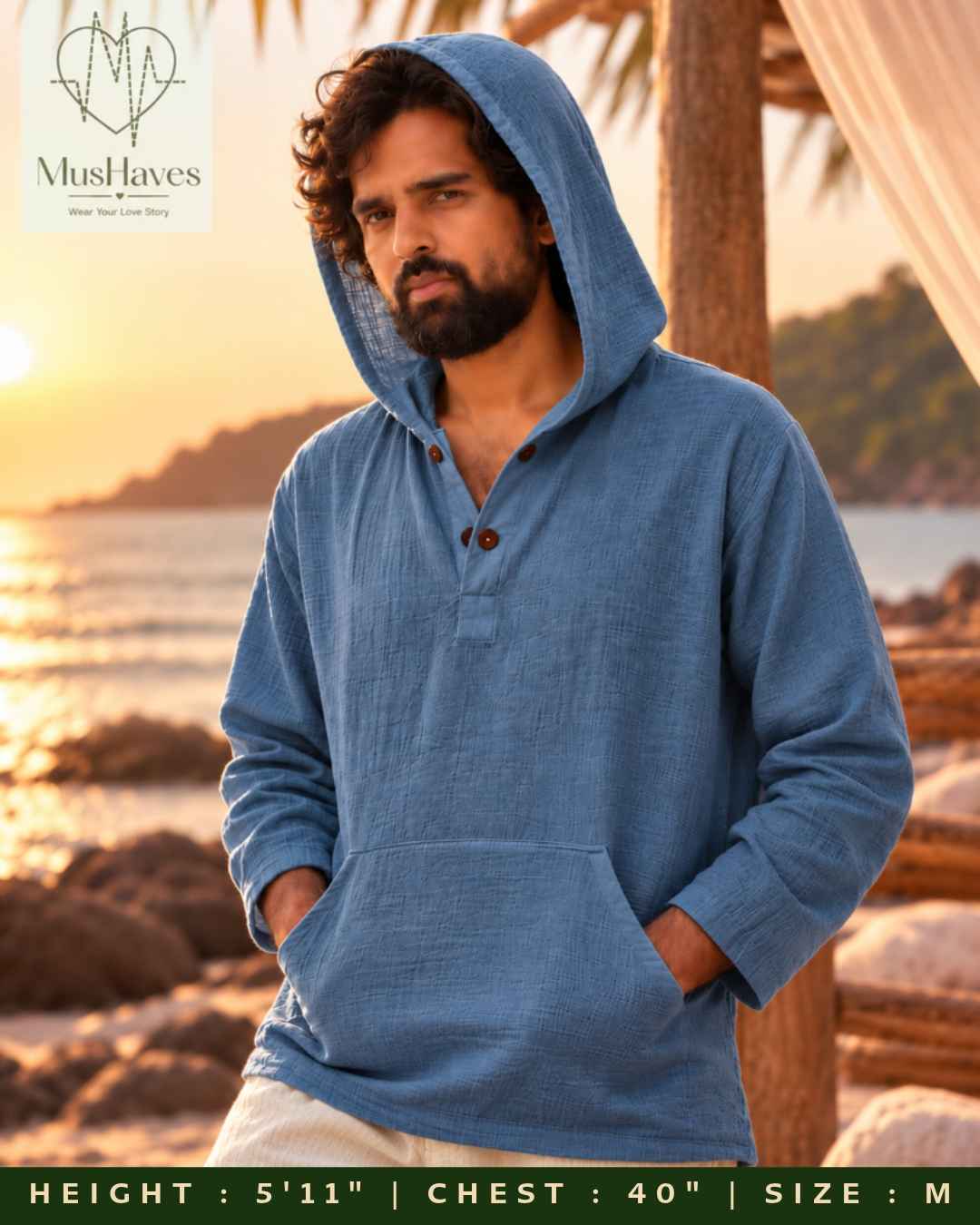 Muslin Layered Pullover Hoodie – Steel Blue
