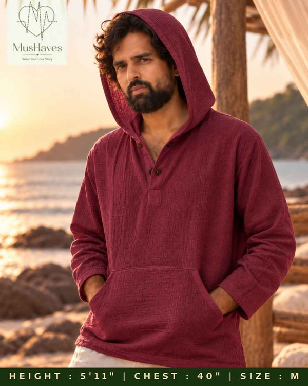 Muslin Layered Pullover Hoodie – Wine Maroon