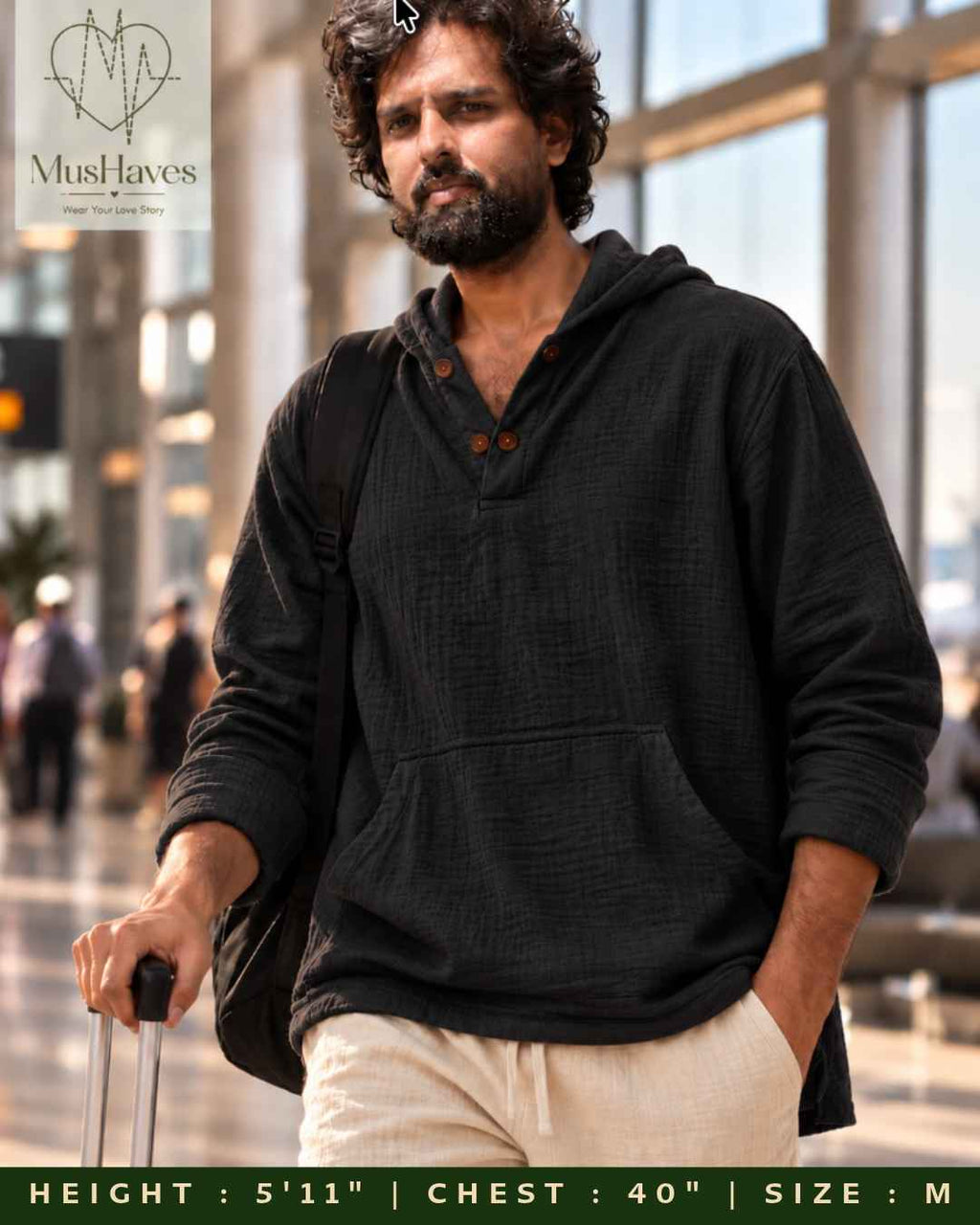 Muslin Layered Pullover Hoodie – Charcoal Black