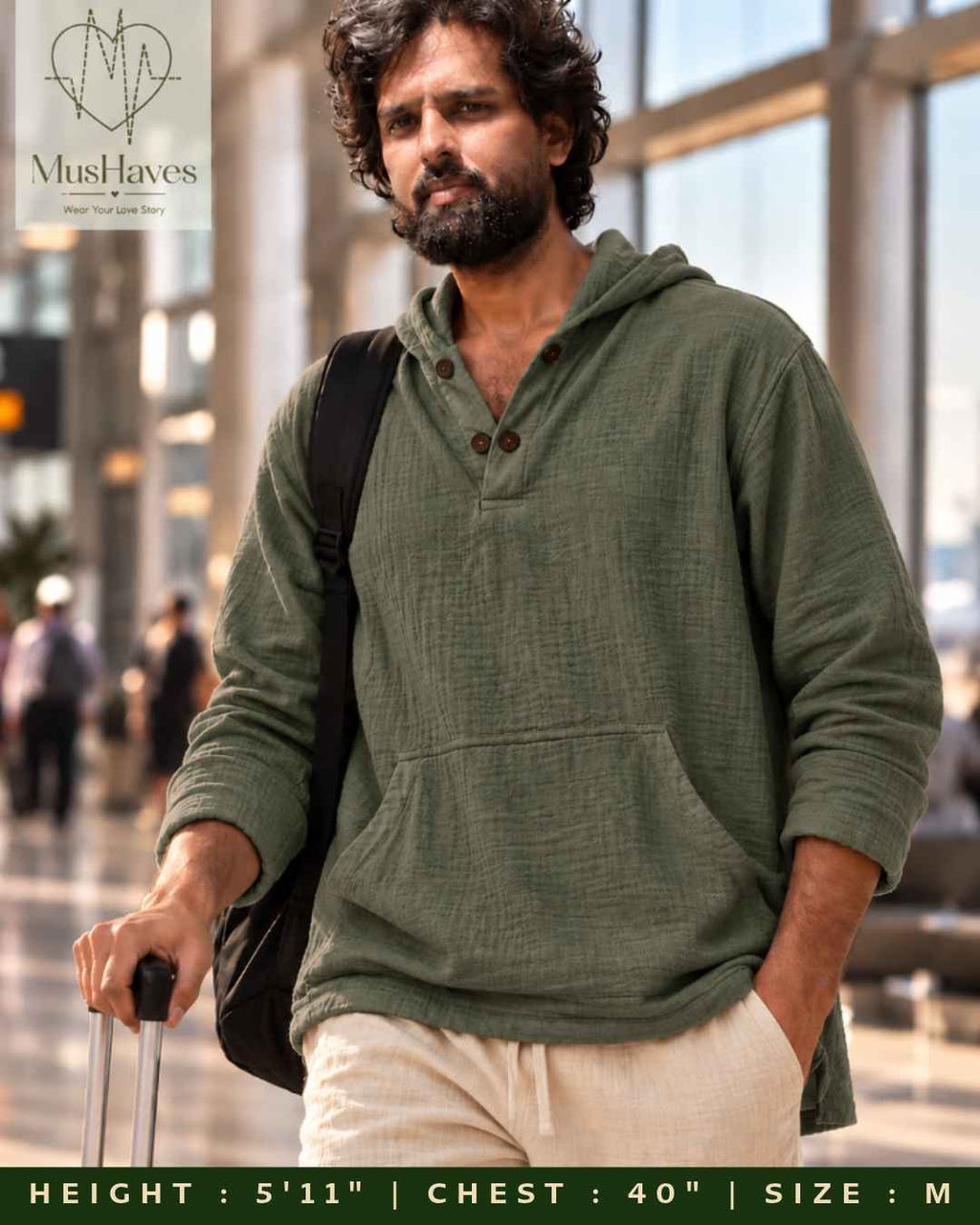 Muslin Layered Pullover Hoodie – Olive Green