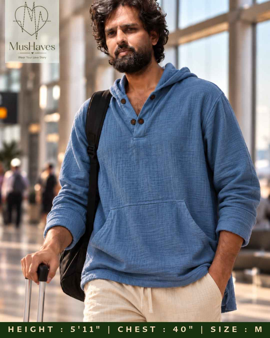 Muslin Layered Pullover Hoodie – Steel Blue